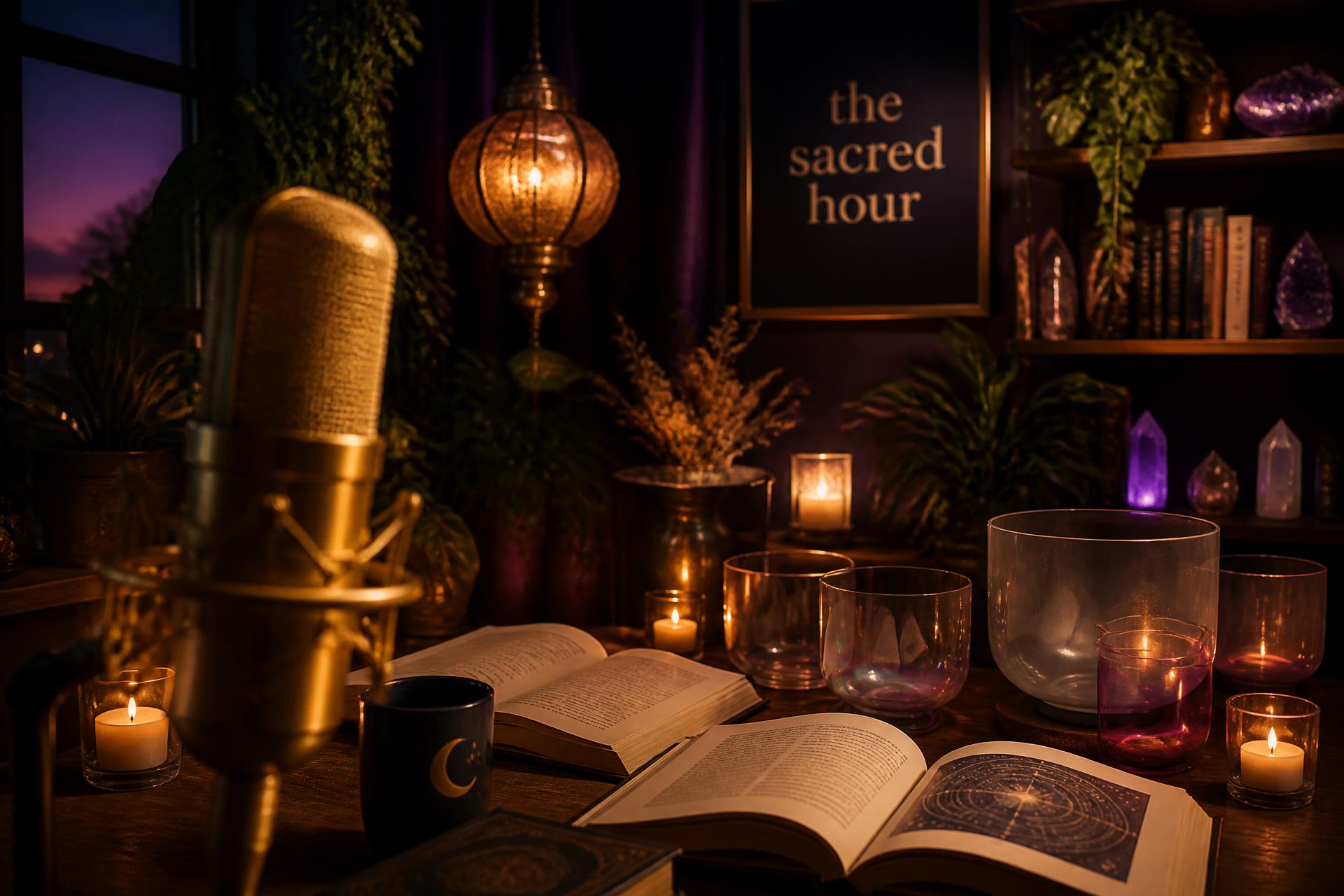 A warm, candle-lit podcast studio with a vintage microphone, crystal singing bowls, plants, and open books at dusk