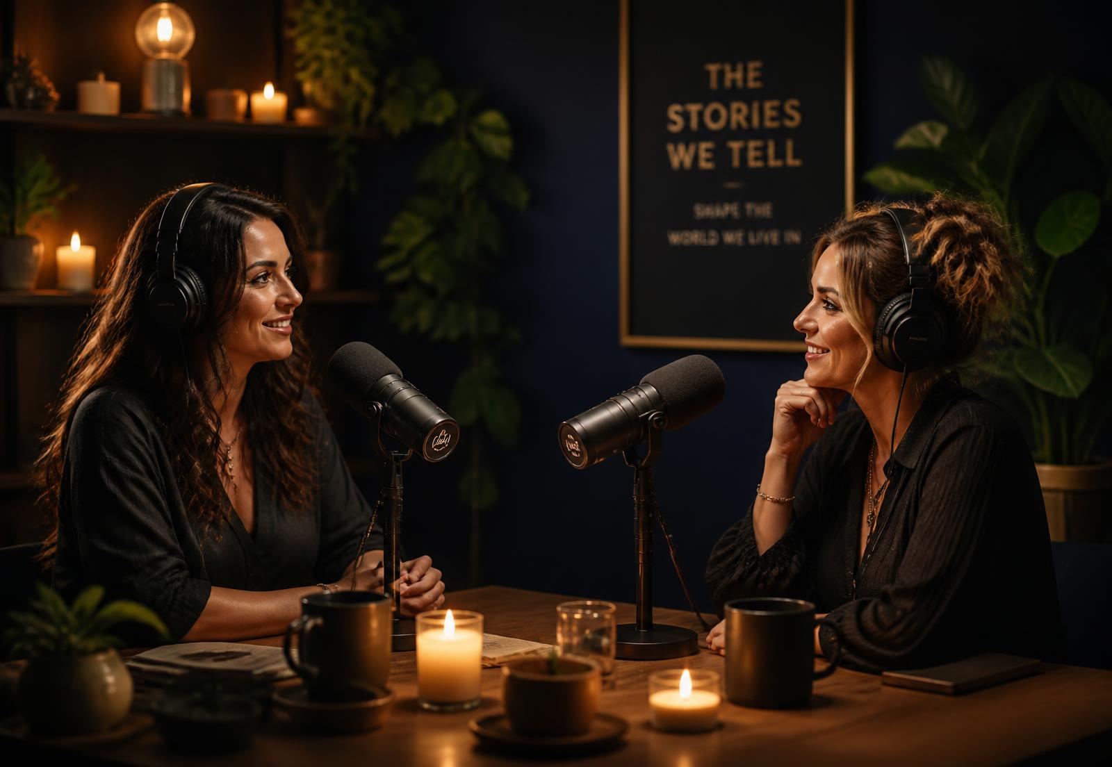 Two women in warm conversation at a candlelit podcast studio
